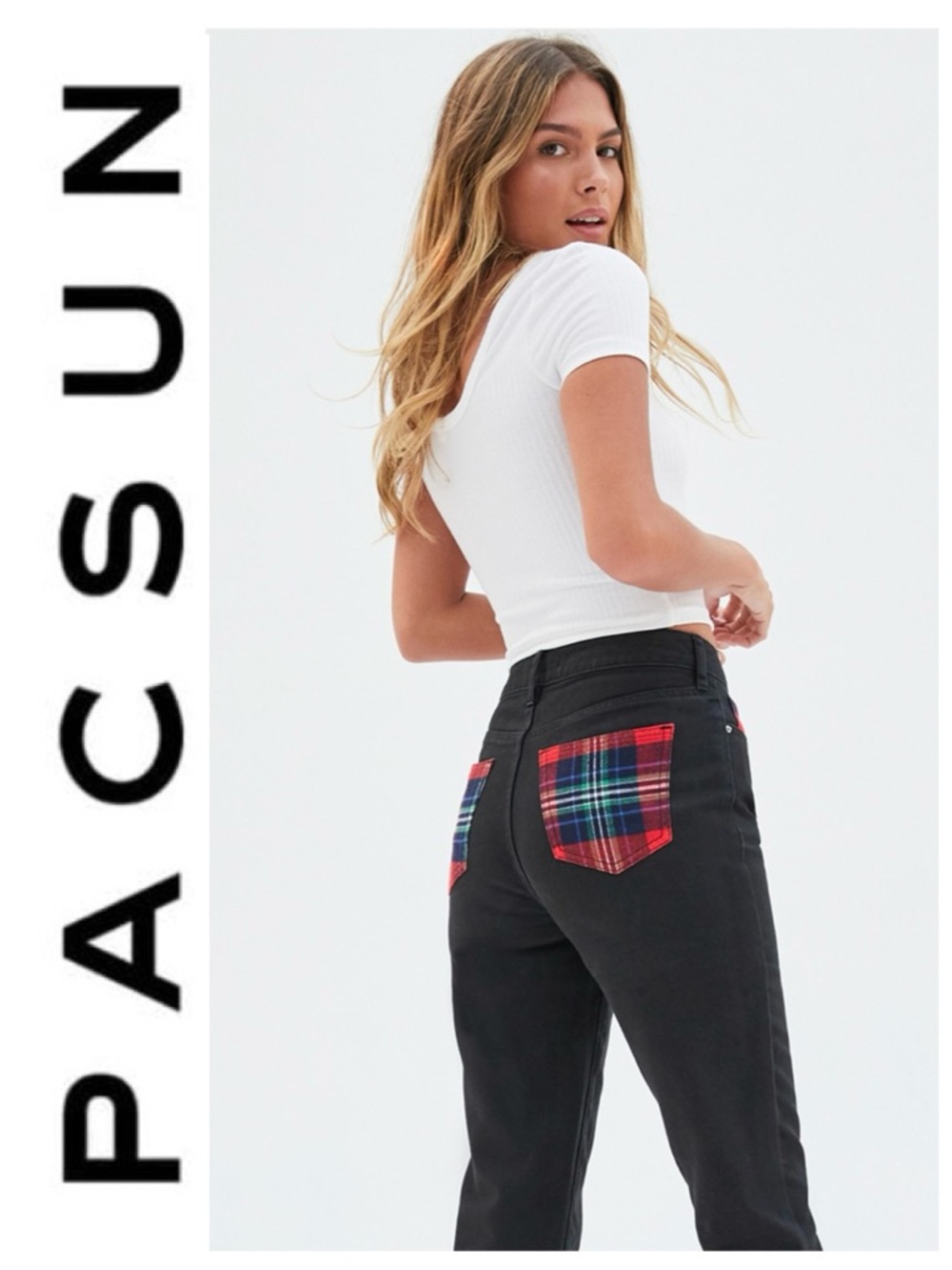 PACSUN Black Plaid Pocket Mom Jeans High-Rise Relaxed Fit Tapered Leg Women’s 24